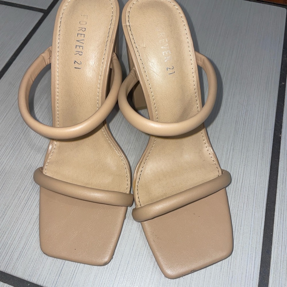 Forever 21 Tan Heeled Sandals with Modern Square Toe